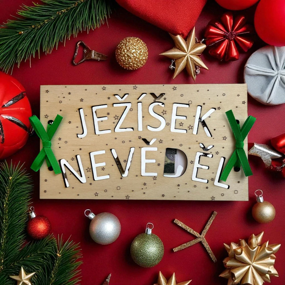 Dřevěná vánoční obálka na peníze s hvězdičkami – „JEŽÍŠEK NEVĚDĚL“