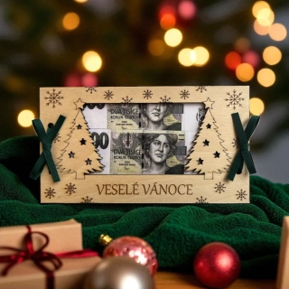 Dřevěná vánoční obálka na peníze se stromečky a vločkami– Veselé Vánoce