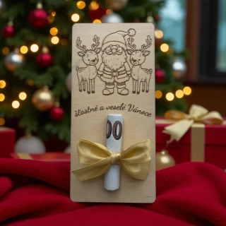 Dřevěná vánoční dárková karta na peníze – Santa se soby a mašlí